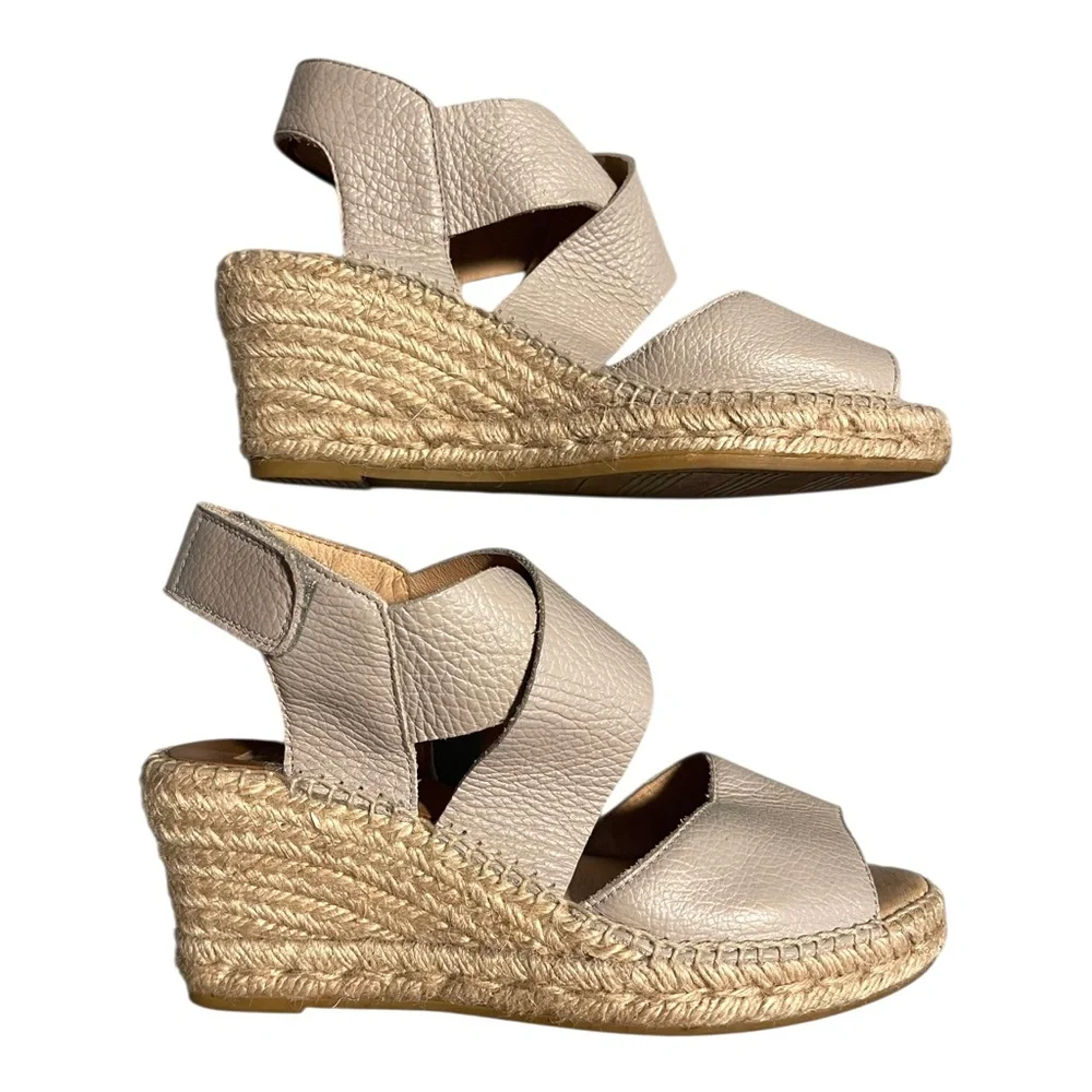 kanna Taupe Textured Leather Spain Espadrille Wedge Sandals Size EU 37 US 6.5-7